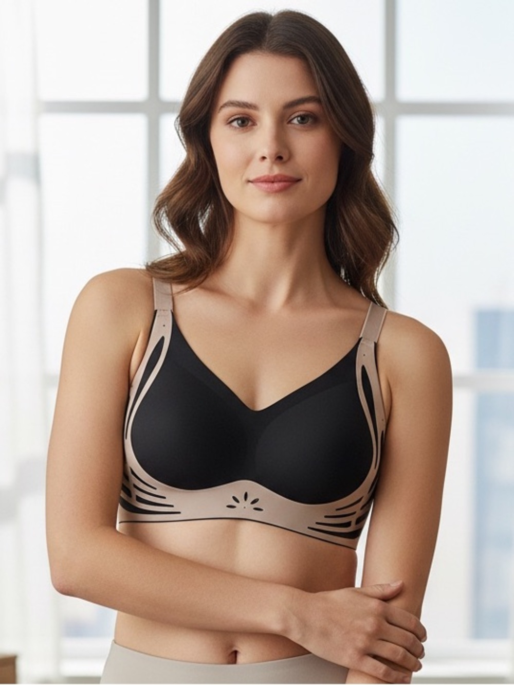 Lushfitting Power Push-Up Seamless/Wireless Comfort Bra Black/Beige Size-4XL NWT